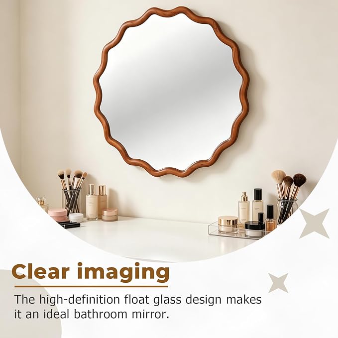 24" Wavy Edge Round Mirror, Solid Wood Framed Wall Decor with Clear Reflection for Bathroom, Bedroom, Living Room & Entryway (Yellowish-Brown)