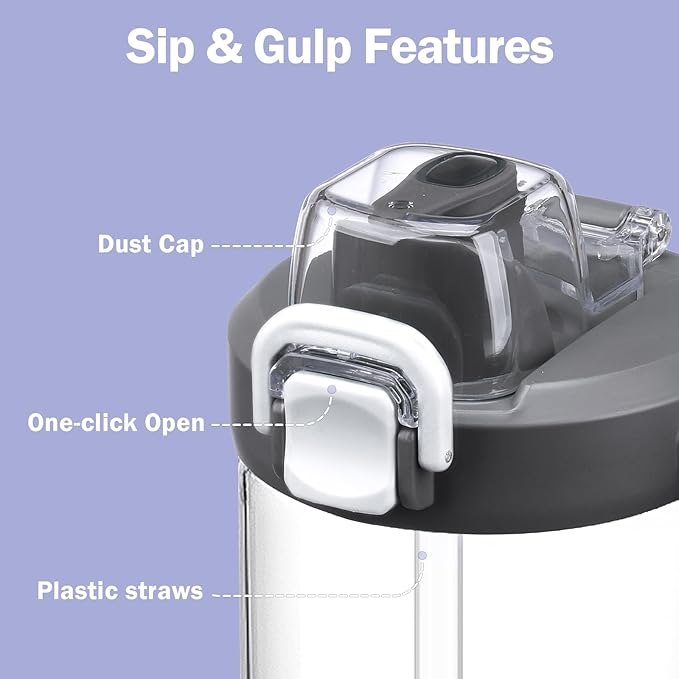32oz Glass Water Bottle, 2-in-1 Straw and Sip Spout Lid, Leakproof Wide Mouth Tumbler with Handle, BPA-Free Reusable Bottle for Sports, Office, Outdoor, Grey