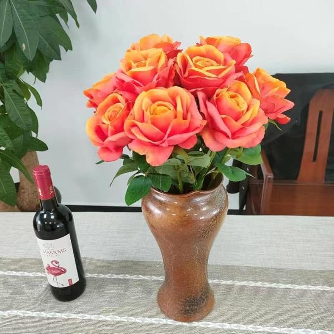 ATFL Fake Sunset Red Roses Artificial Flowers Bulk,Floral Diameter 4'',12 Pcs Artificial Silk Roses Flowers with Stems for Wedding Arrangement Centerpieces Party Home Table Decorations (Orange & red)