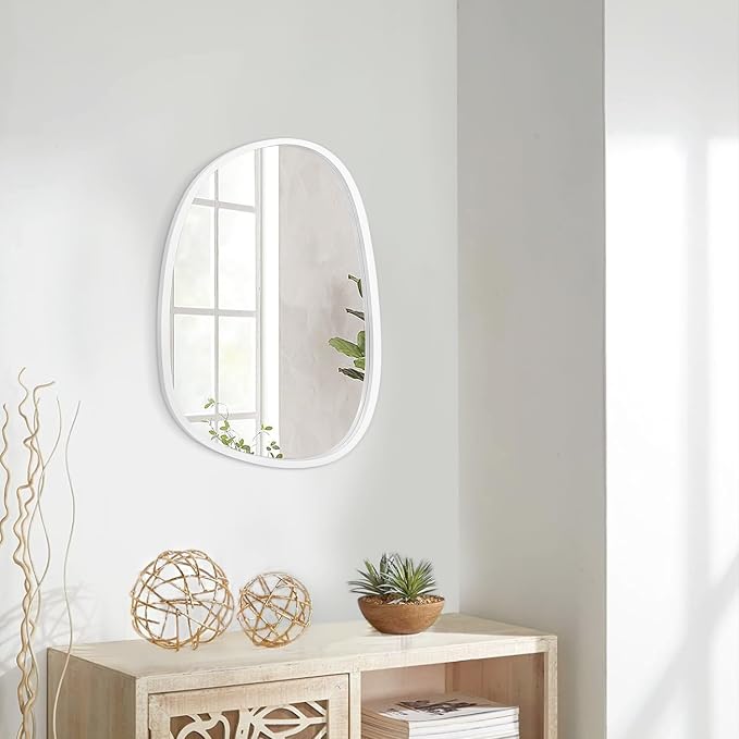 Asymmetrical Wood Frame Bathroom Mirrors for Wall Unique Irregular Oval White Mirror Modern Living Room Bedroom Vanity Entryway Hallway Decorative Artistic Hanging Wall Mirror 16"x12" White