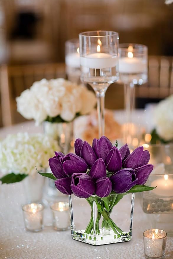 DILATATA Artificial Purple Tulips in Vase with Faux Water 5.5" Real Touch Flowers Fake Tulips Small Flowers Arrangement in Cube Glass Vase for Mother's Day Table Centerpiece Wedding Home Decor