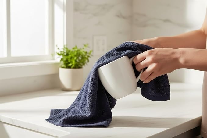 Serafina Home Navy Blue Kitchen Dish Towels: 100% Cotton Cloth Soft Cleaning Drying Absorbent Textured Terry Loop, Set of 3 Multipurpose for Everyday Use Brand