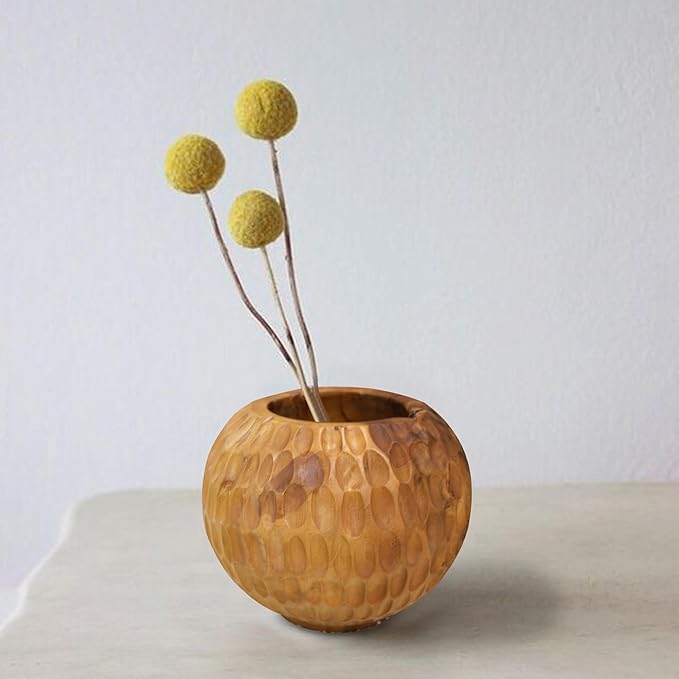 Teak Wooden Handcrafted Pot 9.5" x 9.5" x 7.1"H Natural Wood Round Vase Handmade Rustic Flower Holder for Entry Table Brown Stain Vintage Artworks Planter Living Room Home Christmas Décor