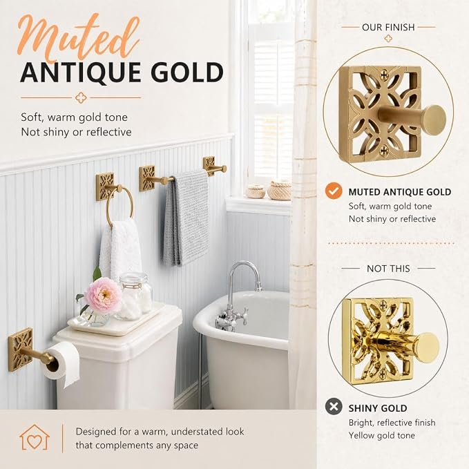 Autumn Alley Antique Gold Hooks, Bathroom Towel Hook, Robe Hook Wall Mounted - Decorative Wall Hooks for Towel, Robe, Coat and Door for Bathroom Modern Unique Style, 2 Pack