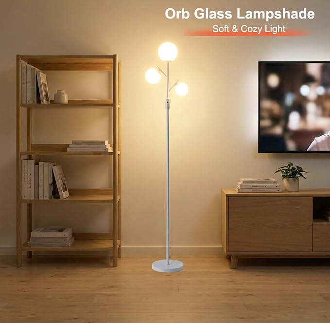 Fiqevs Mid Century Modern 3 Globe Tree Floor Lamp - Dimmable LED Standing Lamp with Bulbs, Warm Light for Living Room Bedroom Office - White