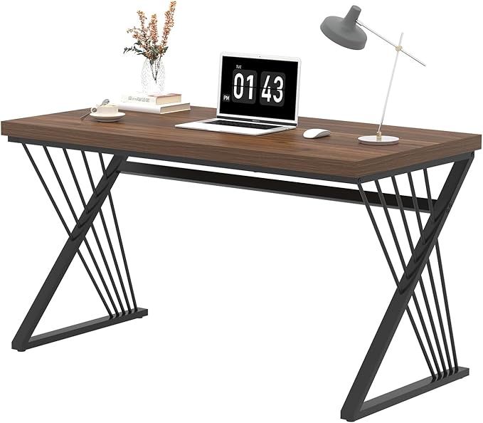 FOLUBAN Home Office Desks, Modern Wood and Metal Writing Study Work Table, Industrial Computer Desk for Bedroom Living Room, Rustic Walnut, 47 Inch