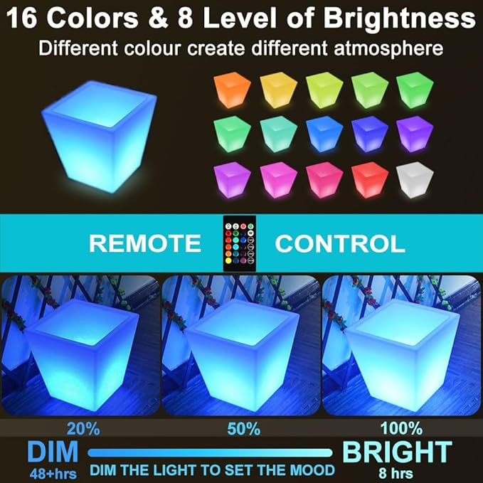 16-In Square LED Planter Pot Outdoor, Large Rechargeable Lighted Flower Pot w/Remote, Dimmable RGB Color Changing Light Up Plant Pots, Modern Waterproof Illuminated Planter for Home Balcony Porch Yard