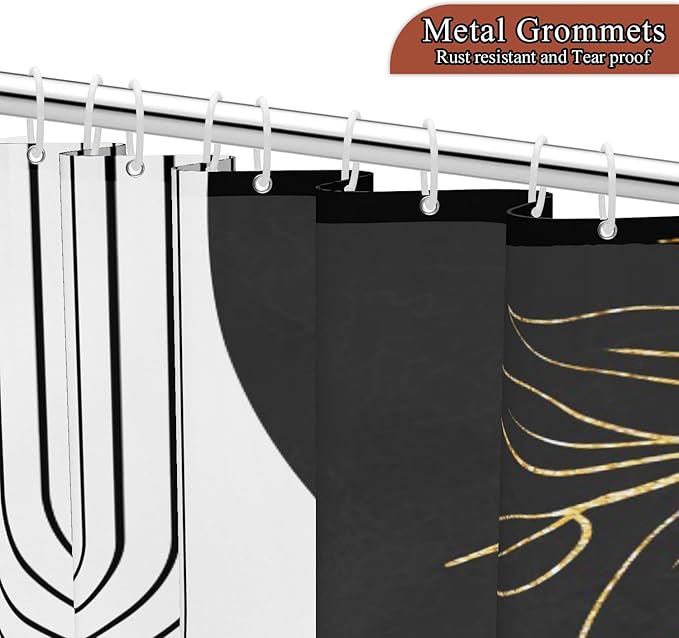 Mid Century Boho Shower Curtain, Abstract Modern Sun Minimalist Aesthetic Shower Curtain, Bohemian Geometric Arch Curve Leaves Neutral Art Fabric Bathroom Curtains Black 72x72 inch