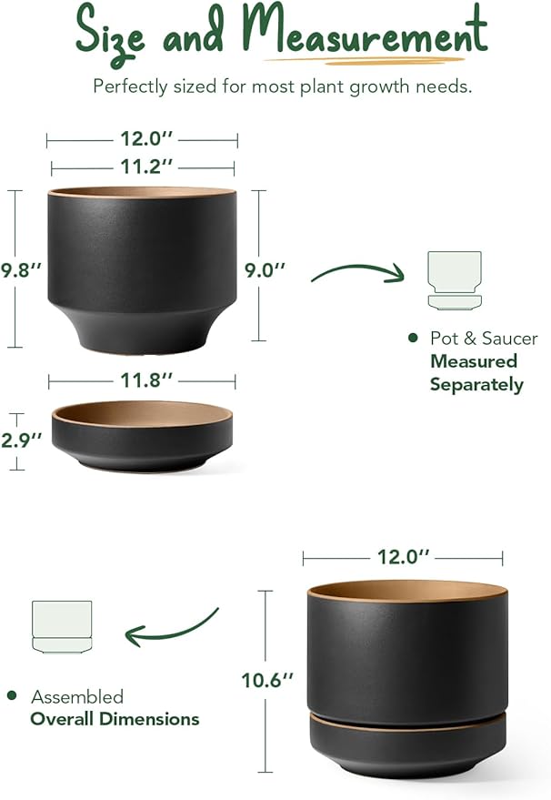 LE TAUCI 12 Inch Pot for Plants with Saucer, Ceramic Indoor Planter Pot with Drainage Hole, Mesh Pad & Plug Included, Matte Glazed Outside, Modern for Home and Office, Obsidian Black & Ochre