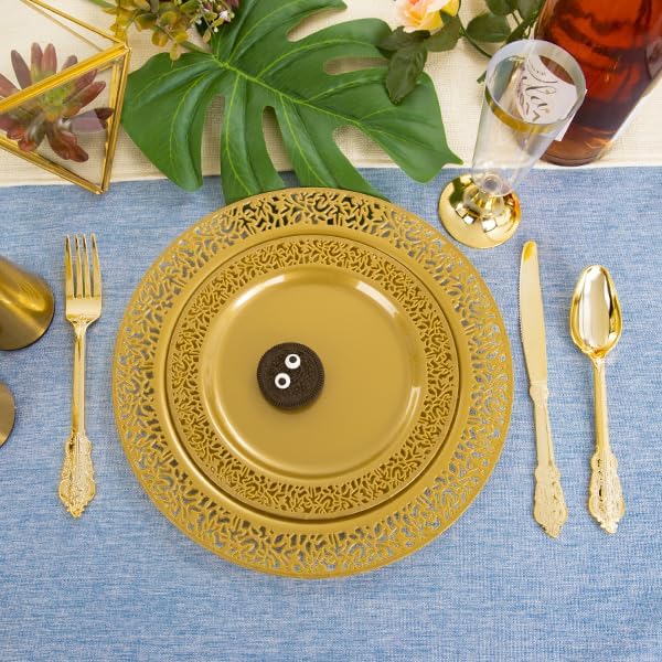 DaYammi 210Pcs Solid Gold Disposable Plates with Silverware and Cups,Christmas Plastic Plates for Party Include: 30 Dinner Plate,30 Dessert Plate,30 Rolled Napkins with Cutlery,30 Cups for Wedding