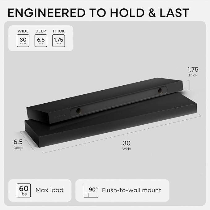 Homeforia Black Floating Shelves 30 inches Long, High End Solid Real Wood 30 inch Floating Shelf for Wall Mounted, Black Wooden 30in Floating Shelves, Heavy Duty Bracket, 30 X 6.5 X 1.75 in, Set of 4