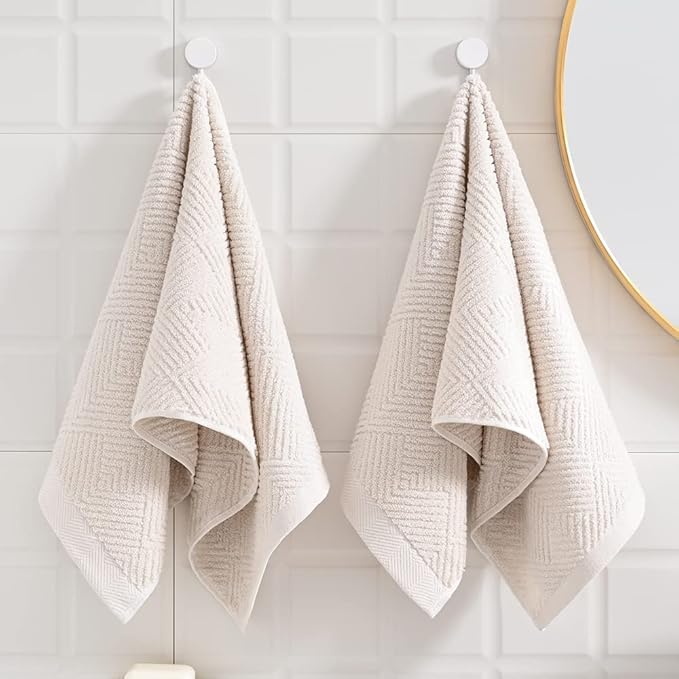 sense gnosis Lime White Hand Towel Set of 2 Super Soft Terry Striped Weave Pattern Ultra Absorbent 100% Cotton Bathroom Hand Towel 13 X 29 Inch, Beige