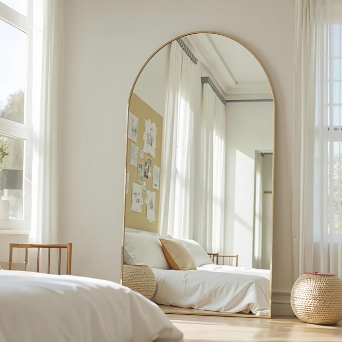 Dewfig Arched Full Length Mirror, 76"x34" Large Floor Mirror, Full Body Mirrors for Leaning or Hanging, Standing Mirrors for Bedroom, Living Room,Dressing Room, Aluminum Alloy Frame, Gold