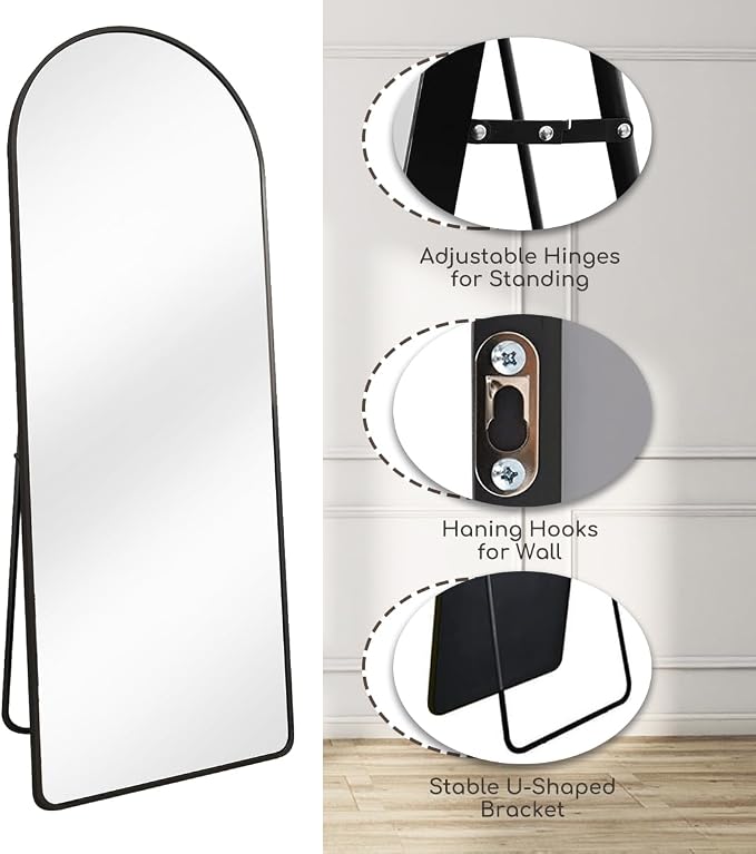Degfig Arched Full Length Mirror, 64"X21" Floor Length Mirror with Aluminum Alloy Frame, Full Body Mirrors with Stand, Hanging or Leaning Mirrors for Living Room, Bedroom, Black,Round Corner