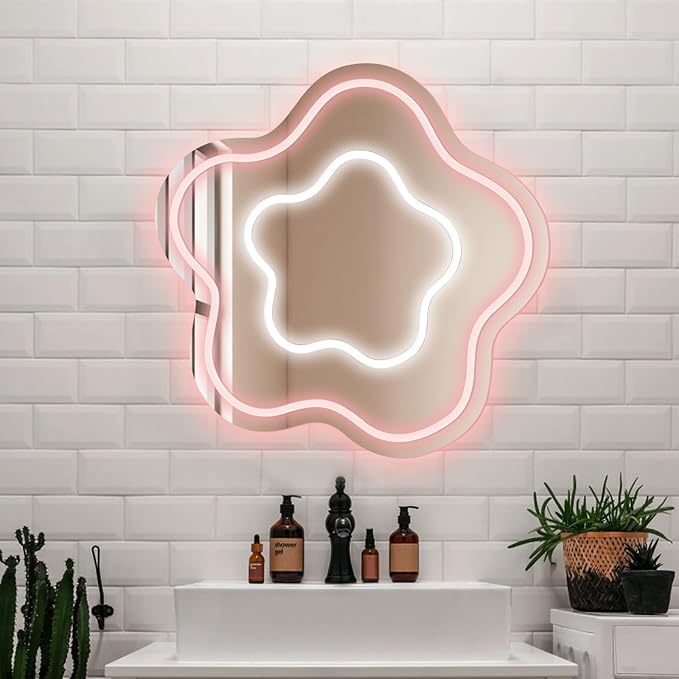 Flower Mirror Neon Sign Dimmable USB LED Neon Lights for Ideal Home Decor for Bedroom, Kidsroom, Living Room Parties, Christmas Birthdays Gifts for Girls Women, Boho Mirror Wall Sign Art Gift