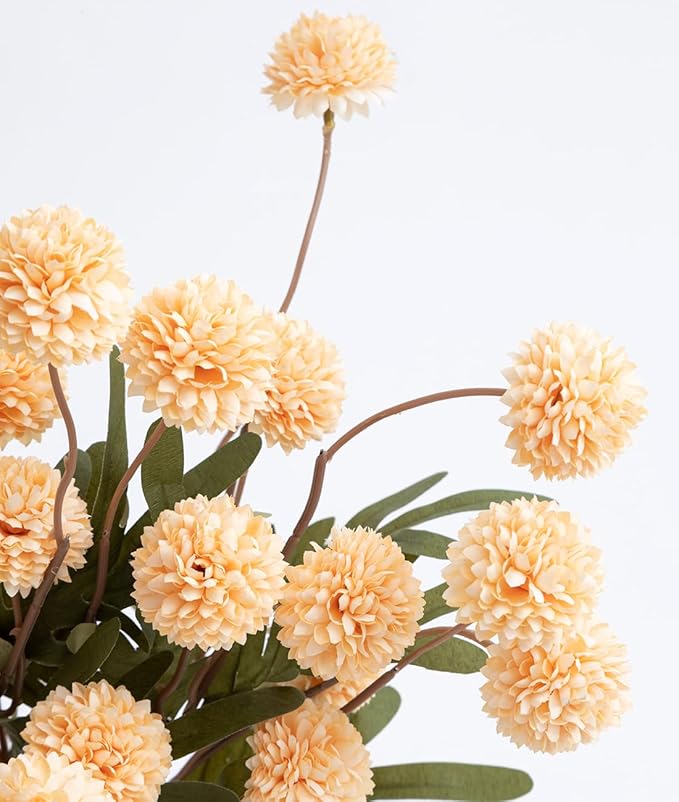 Laelfe Peach Artificial Flowers Pompon Mum, 5Pcs Fake Kiku Flowers Silk Small Mini Chrysanthemum Ball Faux Mum Decor for Filler DIY Bouquet Centerpieces Arrangements Shower (Peach)