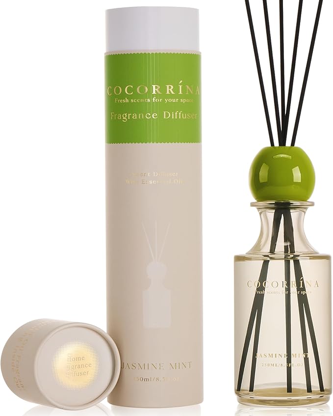 COCORRÍNA Jasmine Mint Reed Diffuser 8.5 oz, Home Fragrance Oil Diffuser with 6 Reed Sticks, Long-Lasting Scent for Bathroom, Bedroom & Home Décor