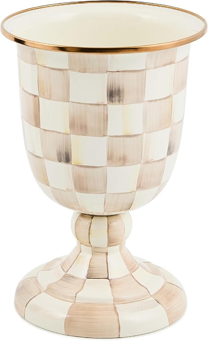MACKENZIE-CHILDS Pedestal Vase, Decorative Centerpiece and Flower Holder, Brown-and-White Mocha Check