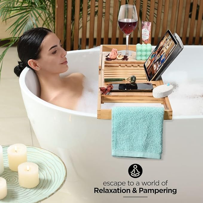 Luxury Foldable Bathtub Tray Caddy - Waterproof Wood Bath Tray for Tub, Expandable Size Fits Most Tubs, Bathroom Accessories for New Home & Mothers, Birthday Gifts for Mom