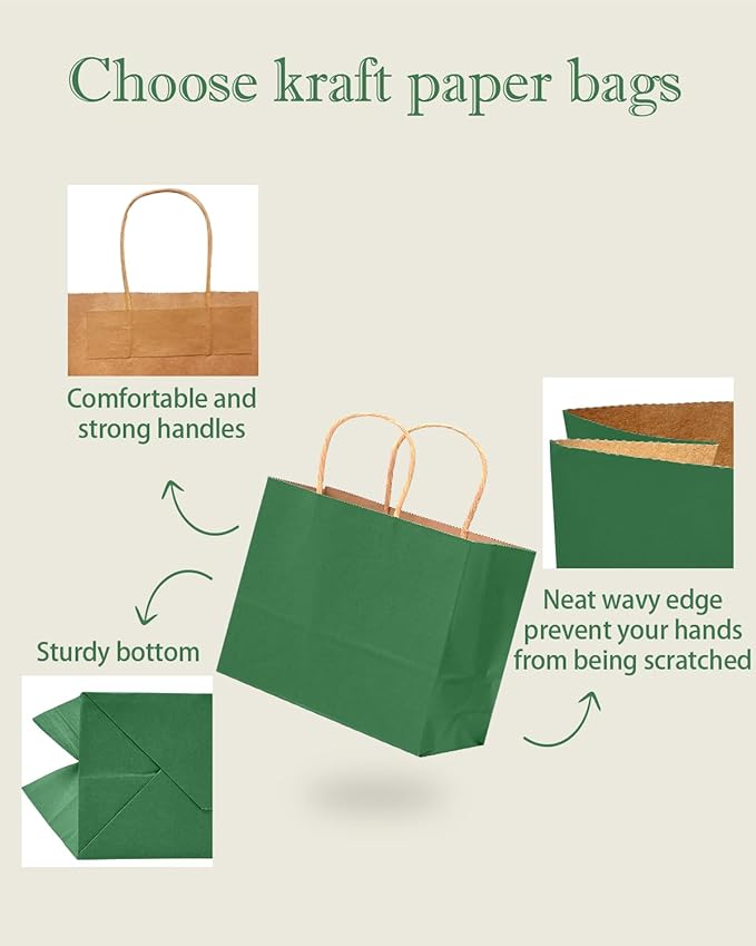qiqee 13"x4.5"x10" Large Gift Bag with Handles Bulk 32PCS Gift Paper Bags Deep Green Bags Multiple Uses (Wide Large)