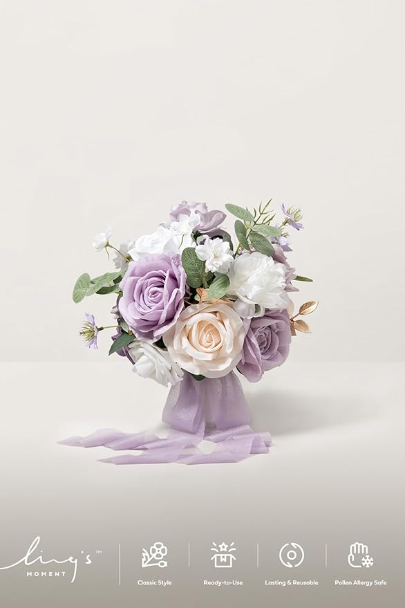 Ling's moment Lilac & Gold Bridesmaid Bouquet, Purple White Wedding Bouquets for Bridesmaids, 7 Inch Bridal Bouquets for Bridesmaids, Wedding, Ceremony, Anniversary, etc.