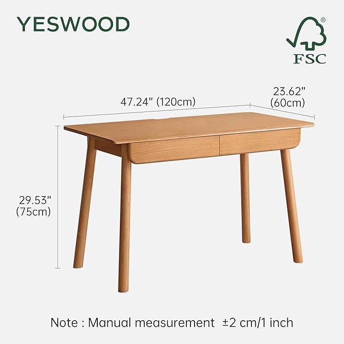 YESWOOD Solid Wood Desk, Mid Century Modern Computer Desk, Office Desk with Drawers for Home Office Study Vanity 47.24" W