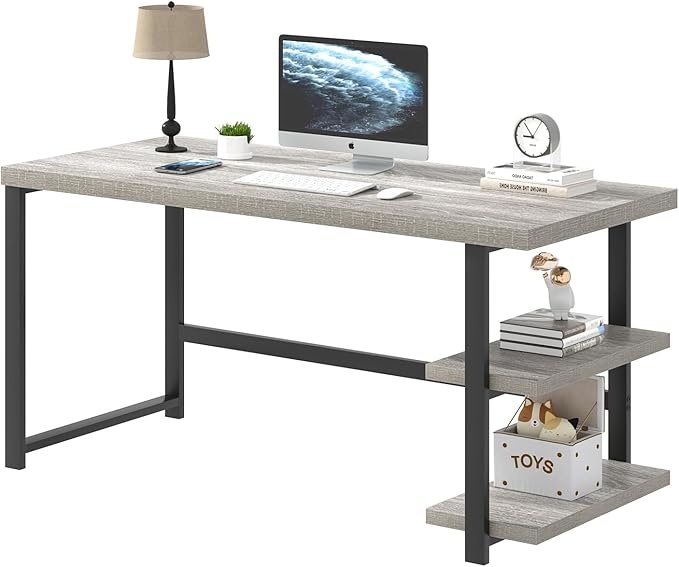 FOLUBAN Computer Desk, Modern Home Office Desk with Shelves, Wood Writing Study Gaming Table for Living Room Bedroom, Light Grey, 53 inch