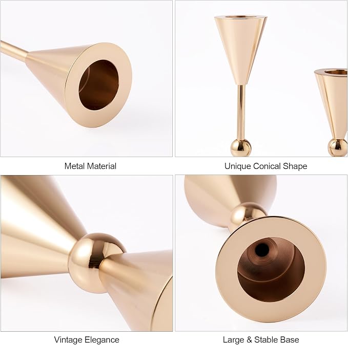 DN DECONATION Gold Taper Candle Holders Set of 2, Tapered Candlestick Holders Decor for Fall Thanksgiving Table Centerpiece Wedding Decorations, Modern Metal Candle Holder for Living Room, Mantel