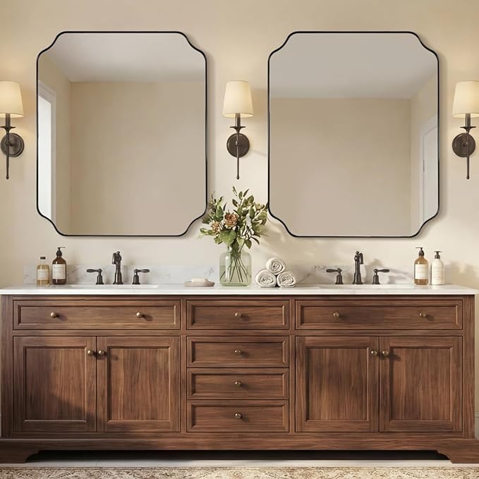 ANDY STAR 30x36 Inch Bathroom Mirror, Matte Black Vanity Mirror, Modern Scalloped Mirror in Premium Stainless Steel Metal Thin Frame, Unique Rounded Notched Corners, Hangs Vertically or Horizontally
