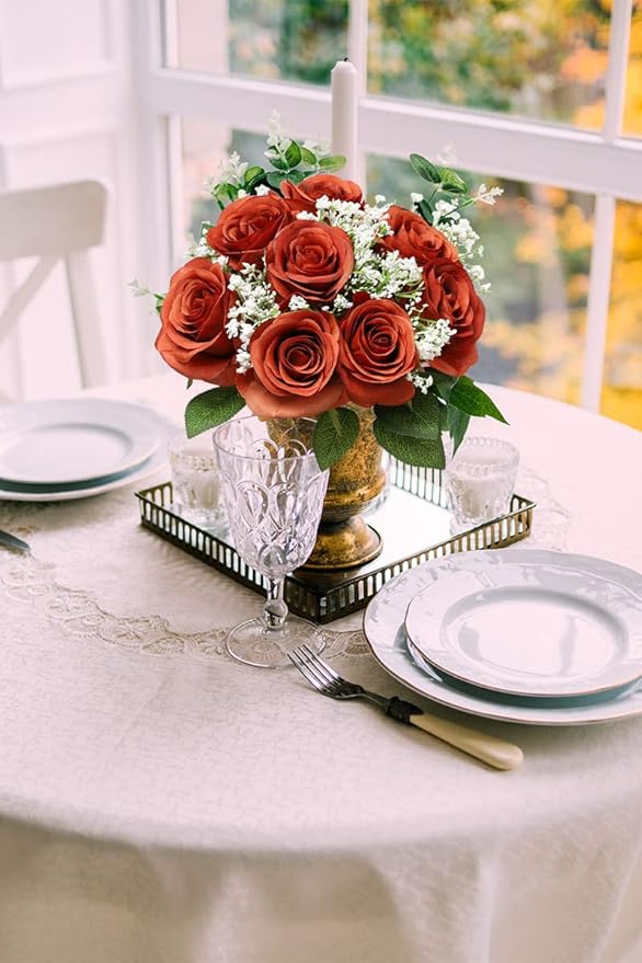 Artificial Rose Flower Artificial Flowers Flower with Long Stem Silk Roses Bouquet for Wedding Bridal Shower Party Home Decoration (Burnt Orange, 12 Pcs)