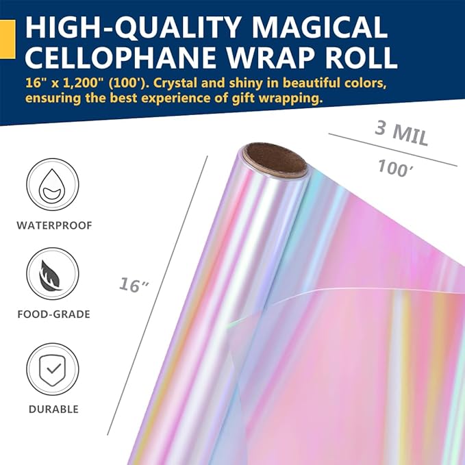 PerkHomy Iridescent 16" x 100' 3 Mil Thick Cellophane For Gift Basket Treats Goodie Wrapping Craft Flower Bouquet Plastic (Magical, 100ft (16in Width))
