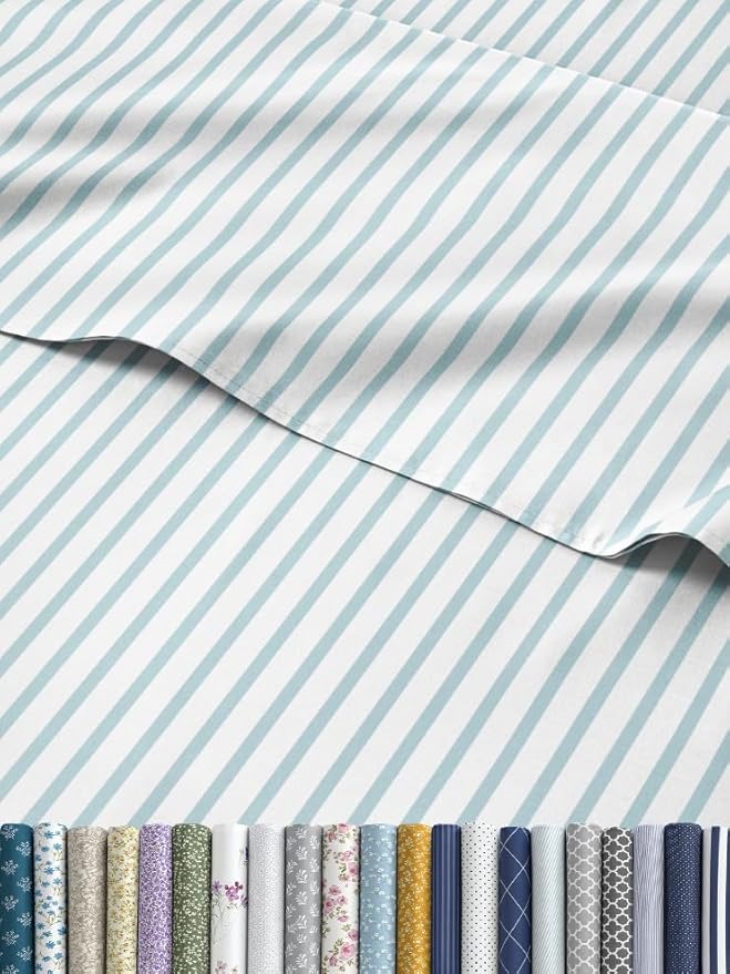 Striped Sheets - Blue & White Striped Sheets - 1 Flat & 1 Fitted & 2 Pillowcases w/ Deep Pockets – Wrinkle & Fade Free - Soft, Breathable and Cooling - Luxury Pinstripe Bedding - King Size Bed Set