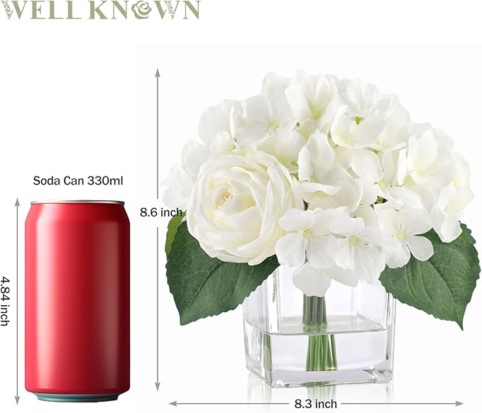 WELL KNOWN Fake Flowers in Vase, Hydrangea Rose Artificial Flowers with Fake Water in Glass Vase Realistic Silk Faux Floral Centerpiece for Coffee Table Office Dining Room Wedding Home Decor - White