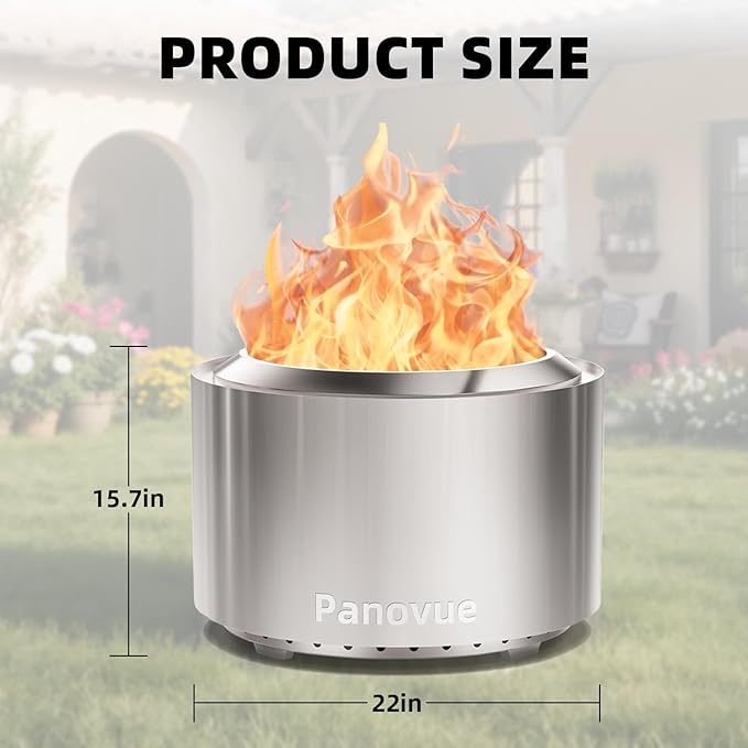 Panovue 22 Inch Smokeless Fire Pit, Stainless Steel Wood Burning Outdoor Firepit for Outside Patio, Backyard, Camping and Outdoor Gatherings,Outdoor Fire Place with Removable Ash Pan