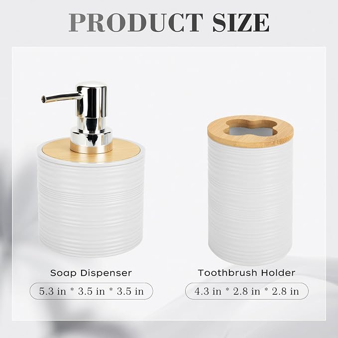 2 PCS White Bathroom Accessories Set, Soap Dispenser and Toothbrush Holder Set, Plastics & Bamboo Bathroom Set, Bohemian Style Bathroom Sink Set