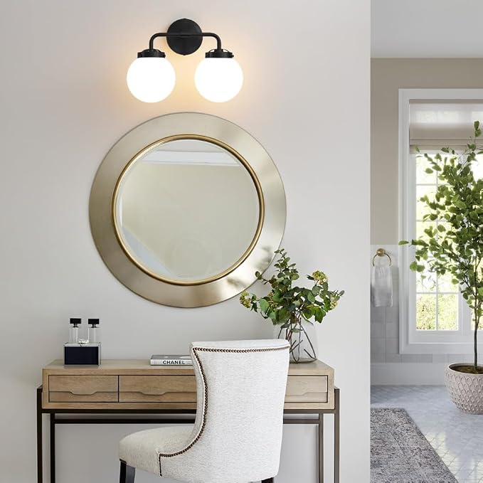 Black Bathroom Light Fixtures Over Mirror, Modern Vanity Lighting with Milk White Glass Globe Shades 2-Light Farmhouse Wall Sconce