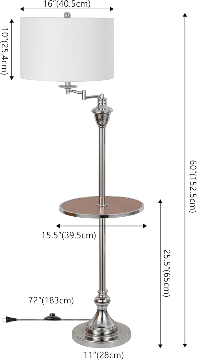 JONATHAN Y 60" Chrome Swing Arm Wood Integrated Side Tray Candlestick Tray Table Floor Lamp Traditional for Living Room Bedroom with White Linen Drum Shade LED Bulb Included JYL3055E