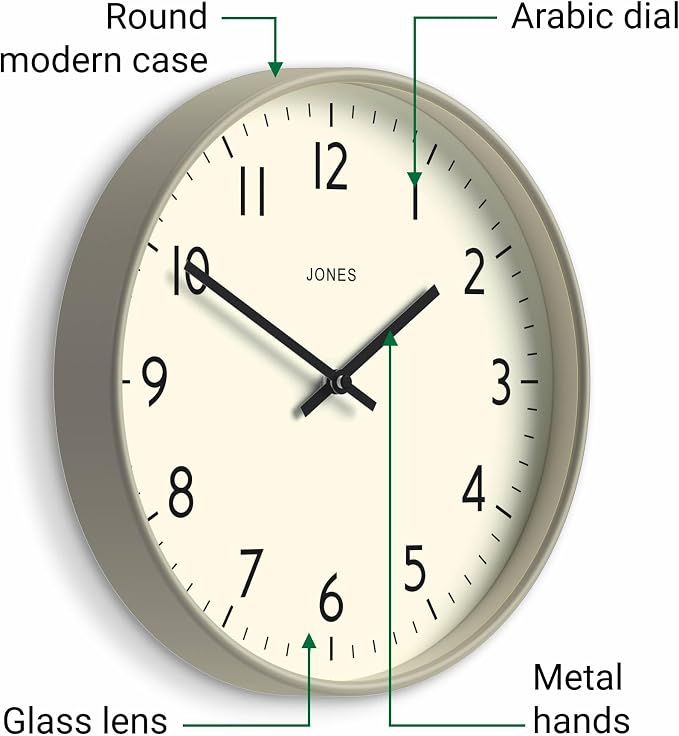 JONES CLOCKS® Studio Clock | Modern Round wall Clock | 12 inch | Gray | Easy to Read Numbers | Versatile Design for Kitchen, Living Room or Office