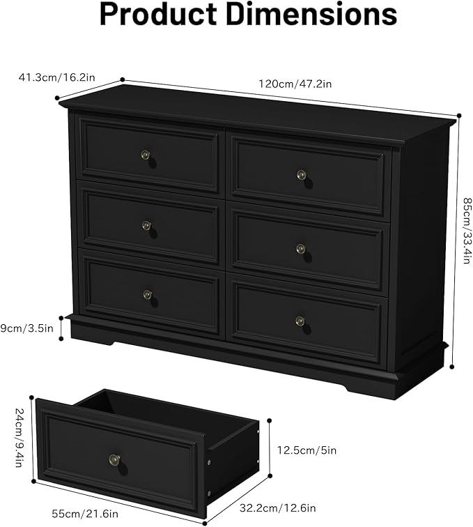 6 Drawer Dressers for Bedroom, Black Wooden Chest of Drawers with Deep Drawers, Closet Dressers with Metal Handle for Bedroom, Living Room