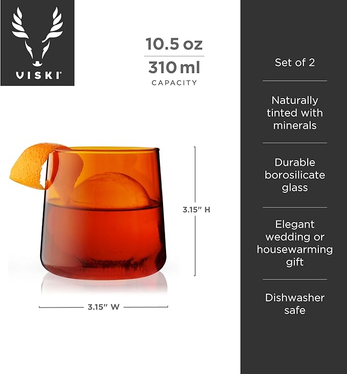Viski Aurora Wine Glasses, Elegant Amber Colored Cocktail Tumblers, Stylish Glassware for Red and White Wines, Perfect for Hosting, Housewarming, Birthday, Home Bar Accessories, 10.5 oz, Set of 2