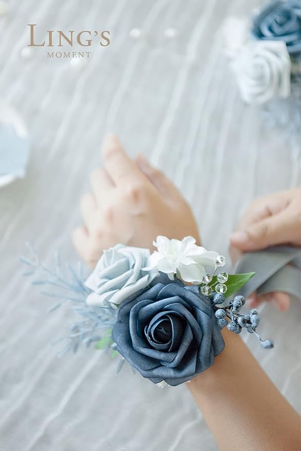 Ling's moment 2pcs Prom Wrist Corsage Artificial Flowers, Girl/Mother Corsages Wristlet Décor for Homecoming/Wedding/Anniversary, etc. Dusty Blue