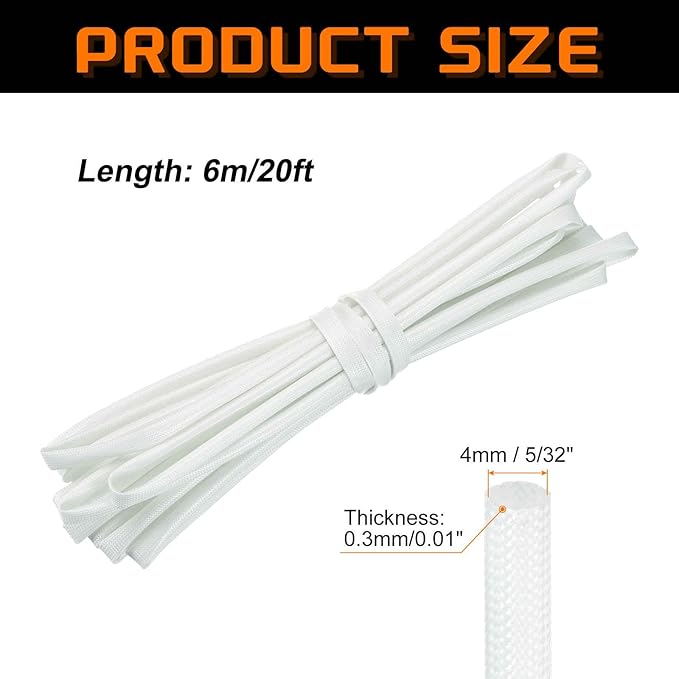 MECCANIXITY 20ft Braided Cable Sleeve, 5/32" ID 200C High Temperature 1500V Fiberglass Wire Insulation Cord Protector Organizer Wires Management for Motor Engine Fuel Line, White