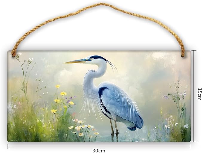 Retro Market Heron Wooden Sign - Vintage Bird & Floral Poster - 12x6 Inch Wood for Hallway - Nostalgic Decors for Retro Home Enthusiasts in North America