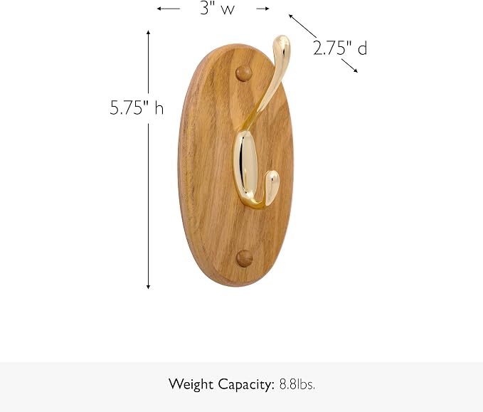 Design House Dalton Double Robe Hook, Wall Mount, Wood, Honey Oak, Easy Installation, 3.1 in H x 3.74 in W x 2.64 in L, Item 561217