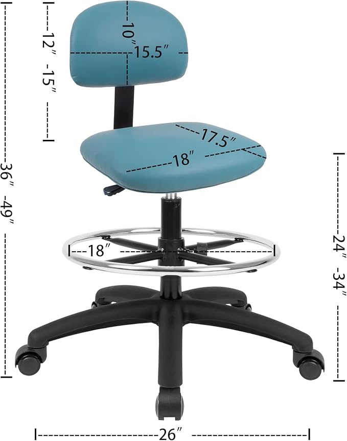 Chair Master FSS Series Square seat Tall (24"-34") seat Height Chair. Vinyl-for Office, Garage, Desk, Shop, Computer, Doctor, Medical, Easy to Clean! 18" Footring (Aqua, Tall, Self Braking Casters)