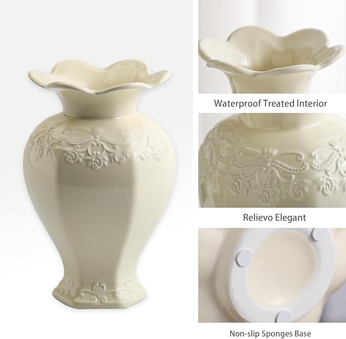 Relievo Elegant White Cream 8in 11in Ceramic Flower Tall Aesthetic Beige Table Tulip Wide Mouth Rose Filler Decorative Rustic Vase Decor for Home (Cream Vase, M)