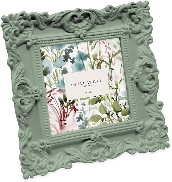 Laura Ashley 4x4 Matt Rosemary Ornate Textured Hand-Crafted Resin Picture Frame with Easel, for Tabletop & Wall Display, Decorative Floral Design Home Décor, Photo Gallery, Art (4x4, Matt Rosemary)