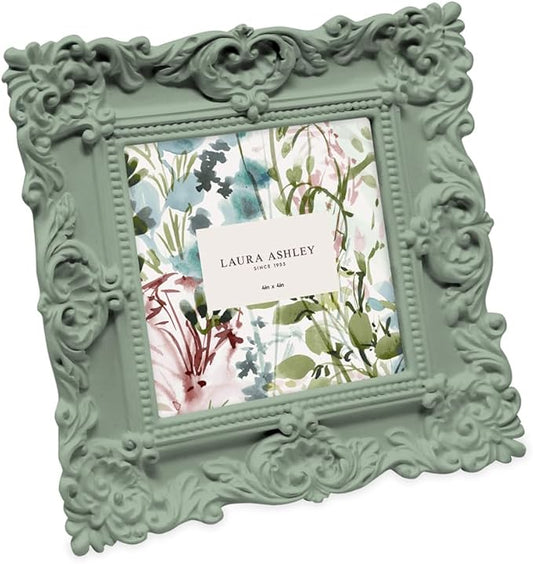 Laura Ashley 4x4 Matt Rosemary Ornate Textured Hand-Crafted Resin Picture Frame with Easel, for Tabletop & Wall Display, Decorative Floral Design Home Décor, Photo Gallery, Art (4x4, Matt Rosemary)