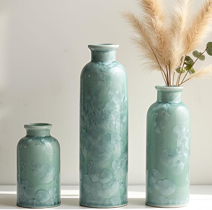 Modern Ceramic Vase Set of 3, Green Crystalline Glaze Colors, Decorative Bottles for Home, Farmhouse Rustic Decor Housewarming Gifts, Wedding Gifts, Birthday Gifts for Women(Crystalline Glaze Green)