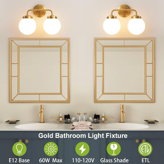 Bathroom Vanity Light Fixtures Over Mirror, Modern Brass Gold 2 Lights Wall Sconce Lighting with Milky Glass Ball Shades, Mid Century Farmhouse Bathroom Lighting